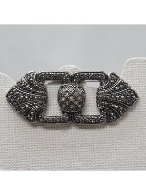 Vtg Rhinestone Brooch Pin  Art Deco victorian Revival Silver Tone 3" Ornate Meta
